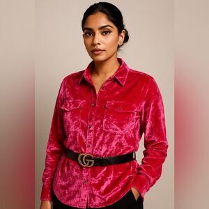 Anthropologie Pilcro Crushed Velvet Button Down Shirt Electric Pink 14 NWT $128